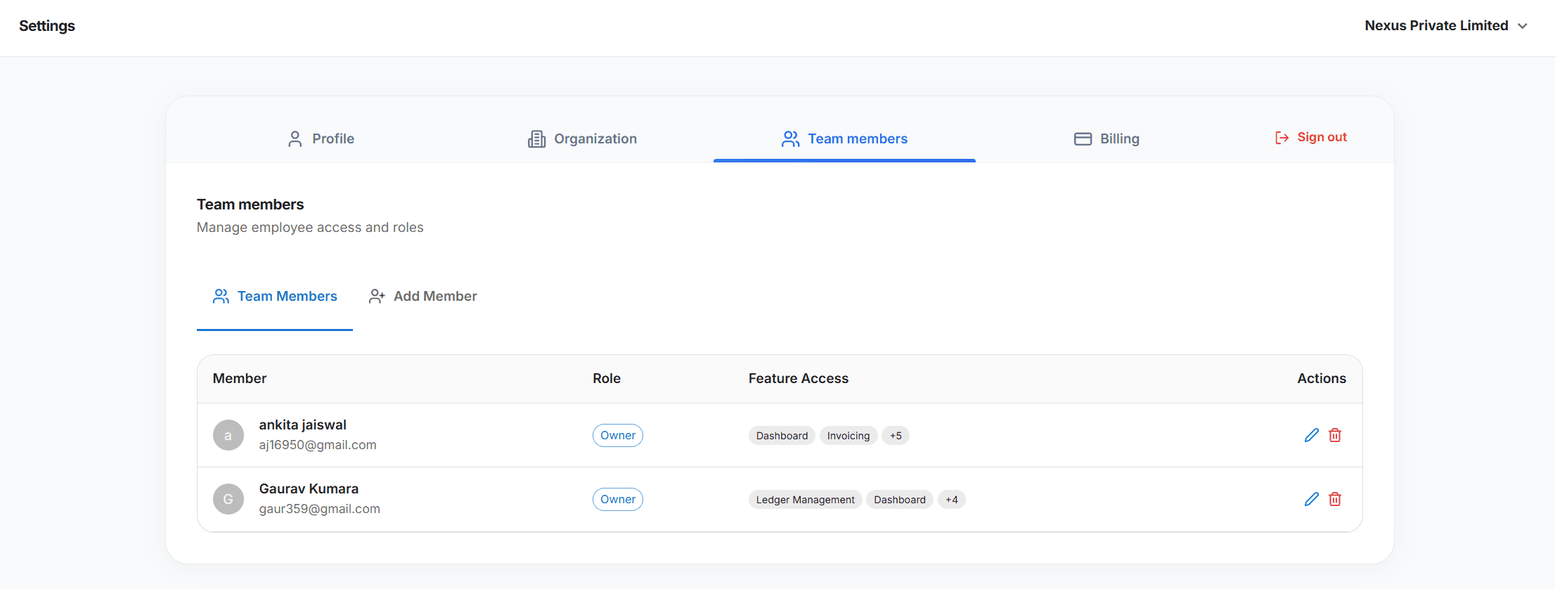 Employee access management screen