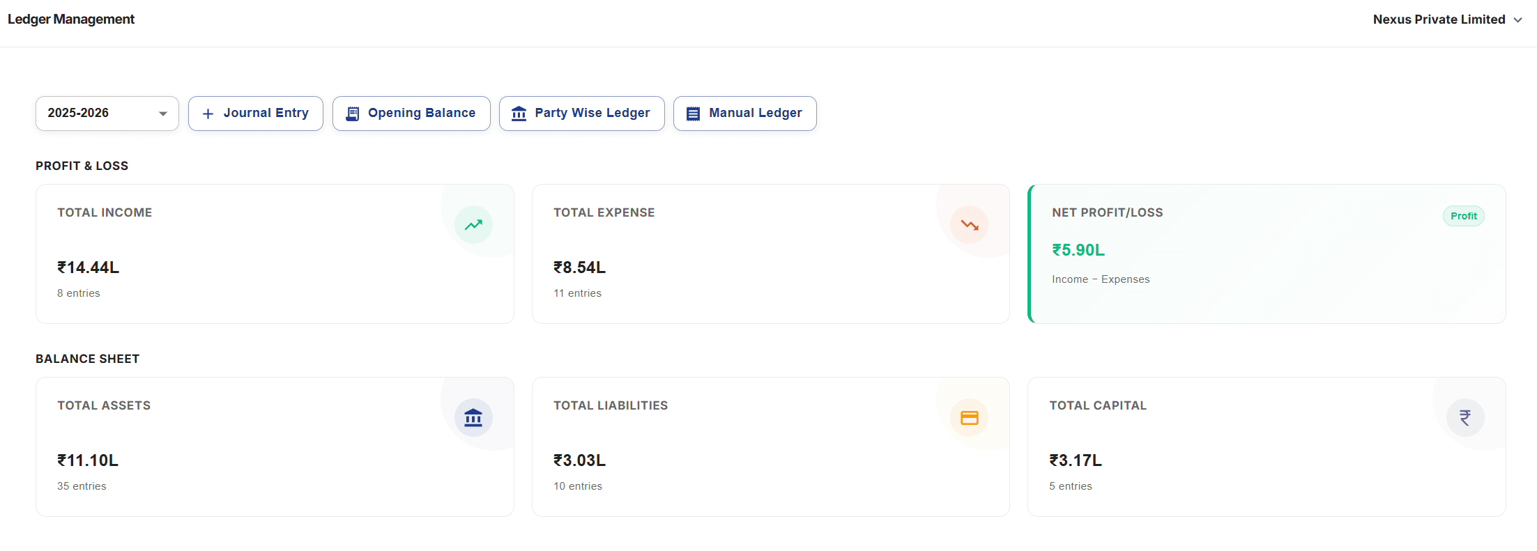 Ledger management screen with all ledgers